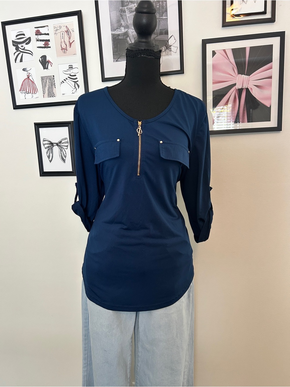 Navy Zip-Pocket Roll-Sleeve Women's Top